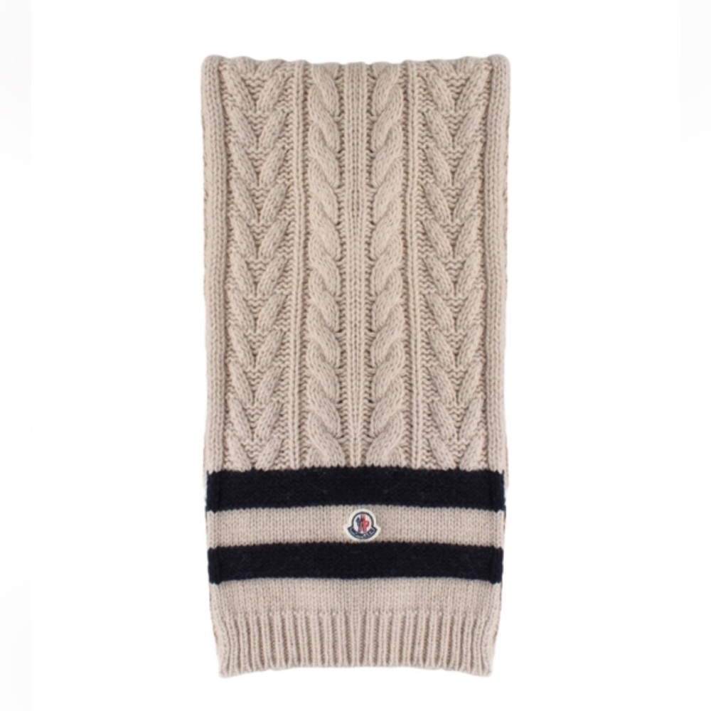 Moncler Scairpa Tricot Tan and Black Cable Knit cashmere blend Scarf - Picture 4 of 14